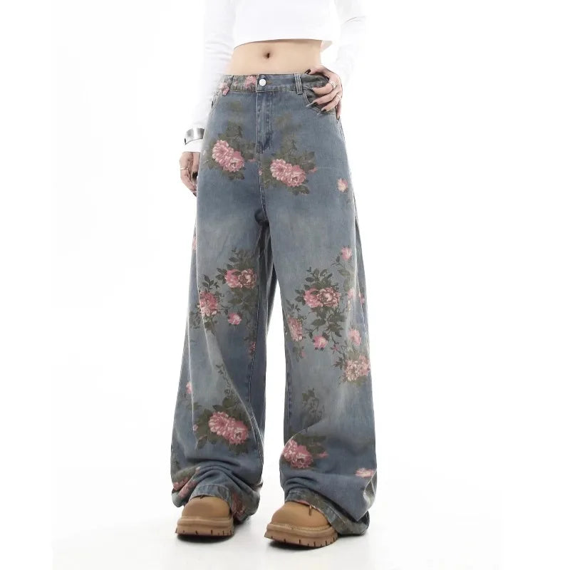 Women's Blue Flower Baggy Jeans Y2K Japanese Harajuku High Street Aesthetic High Waist Wide Leg Retro Jeans Pants Clothing 2025