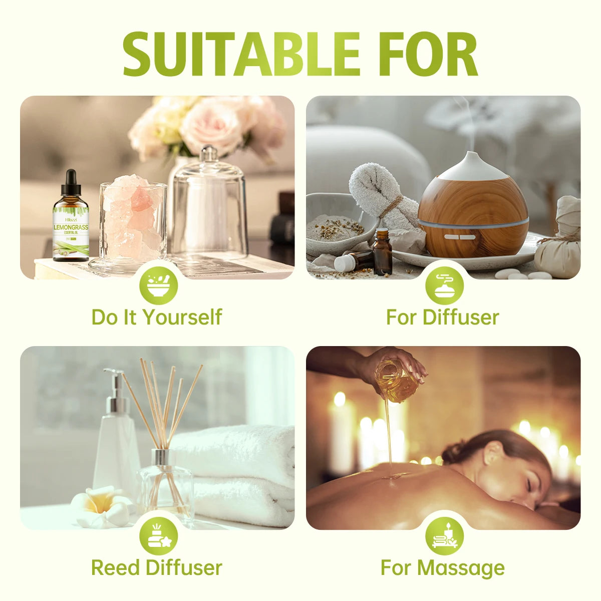 Lemongrass essential oil is suitable for various uses, fresh scent, humidifiers, candles, burners, aromatherapy