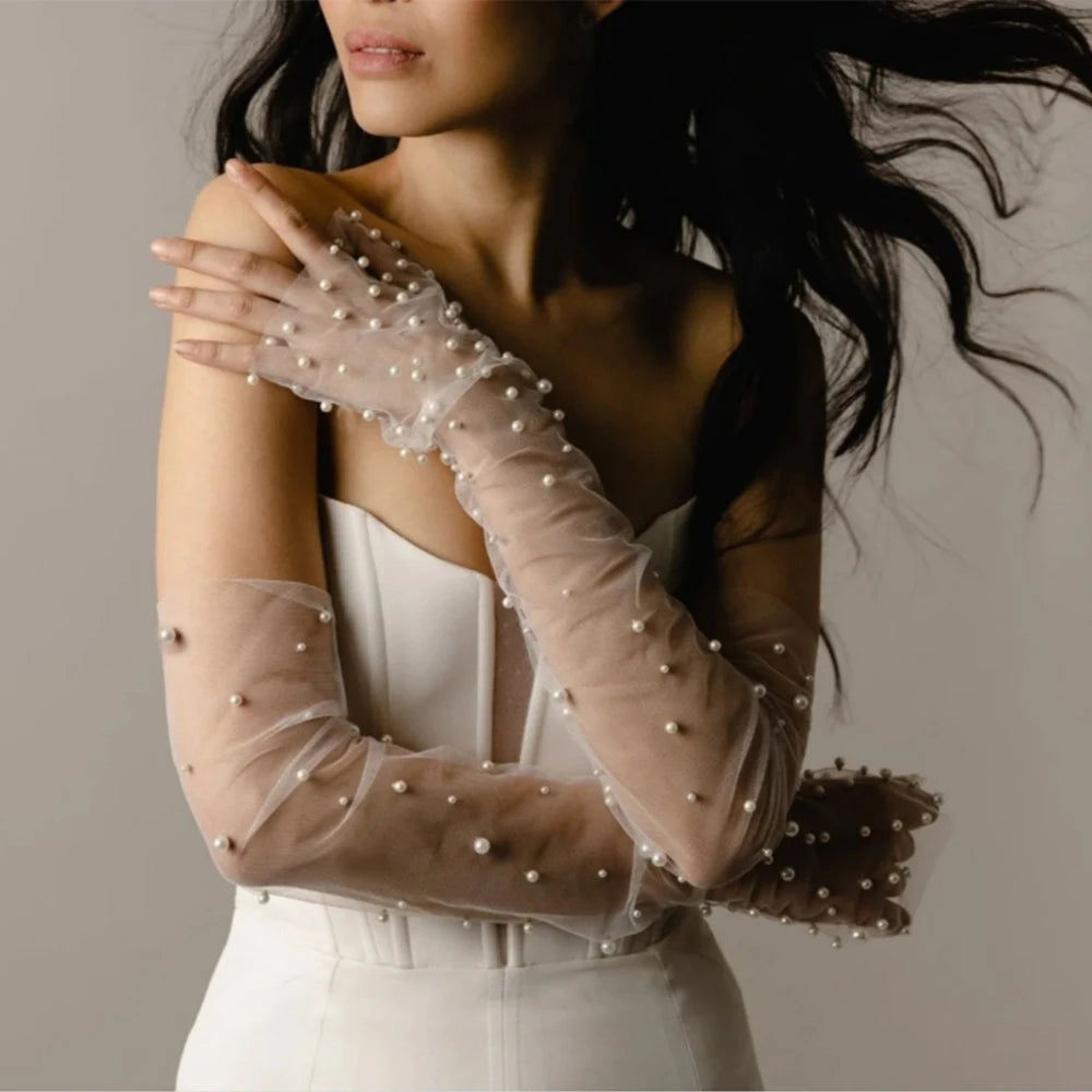 1 Pair Bridal Fingerless Pearl Gloves Wedding Sleeves Removable Shrugs for Women Summer Elegant  Bolero Shoulder Cape VPM10