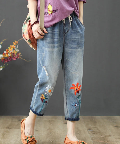 AmaxluluE Summer Fashion Ladies Elastic Elegant Jeans Womens Casual Floral Embroidery Denim Trousers Females Loose Harem Pants