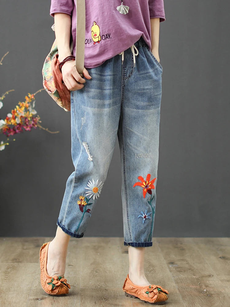 AmaxluluE Summer Fashion Ladies Elastic Elegant Jeans Womens Casual Floral Embroidery Denim Trousers Females Loose Harem Pants