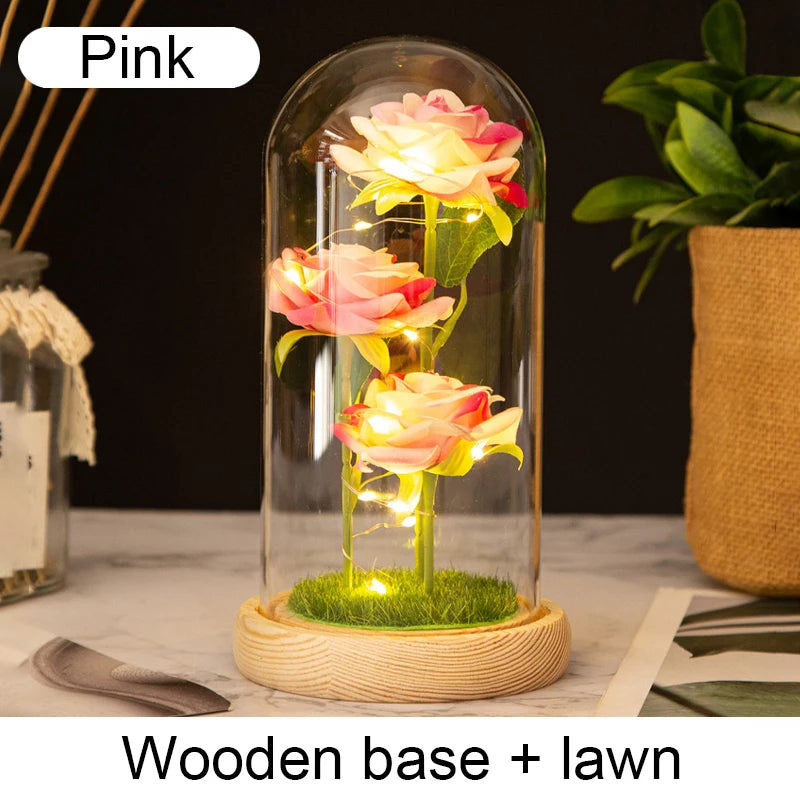 Mothers Day Gifts Party Artificial Flowers LED Rose Creative Valentine's Day Gift in Glass Glass Cover Simulation Rose Flower
