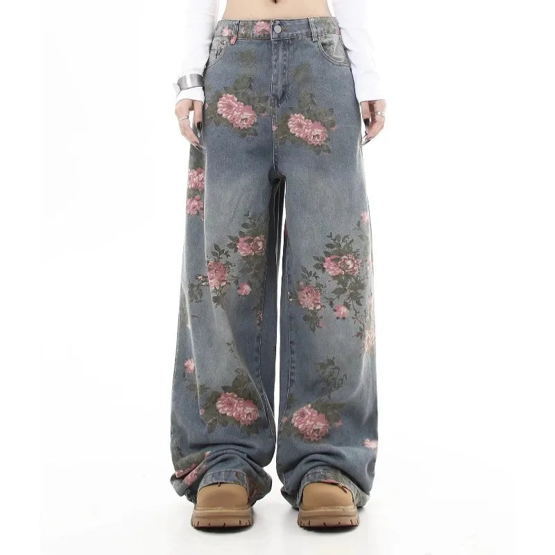 Women's Blue Flower Baggy Jeans Y2K Japanese Harajuku High Street Aesthetic High Waist Wide Leg Retro Jeans Pants Clothing 2025