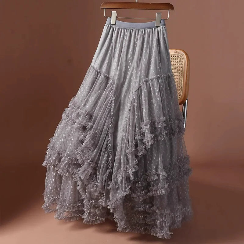 2025 Mesh Heart Printed Skirt Women Elastic High Waist Skirt Elegant Tulle A Line Ruffle Party Skirt Long Summer Saia Feminina