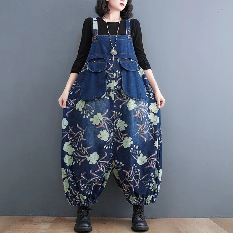 Slimming Floral Print Denim Overalls Women's Loose Fit High Waist Long Pants Autumn Season Faion plus Size Jeans Overalls