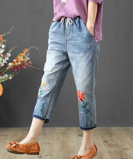 AmaxluluE Summer Fashion Ladies Elastic Elegant Jeans Womens Casual Floral Embroidery Denim Trousers Females Loose Harem Pants