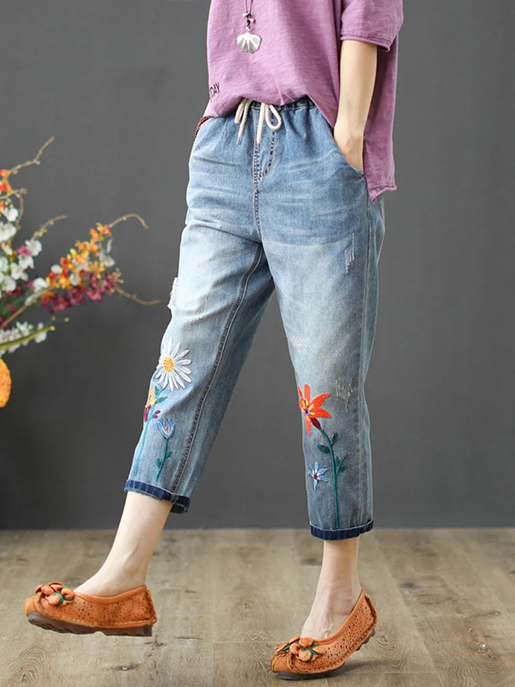 AmaxluluE Summer Fashion Ladies Elastic Elegant Jeans Womens Casual Floral Embroidery Denim Trousers Females Loose Harem Pants